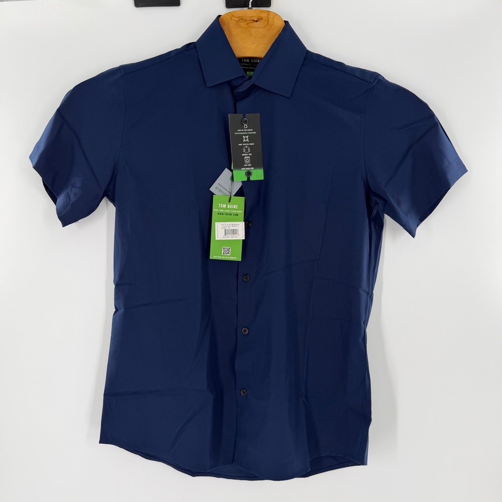 Tom Baine Mens Performance Slim Fit Short Sleeve Shirt Navy Blue TB203-4 Size M